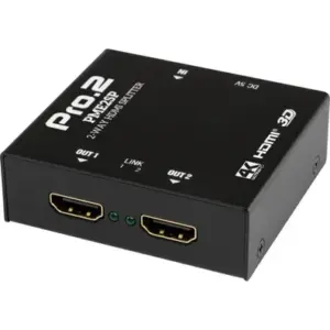 2 WAY HDMI SPLITTER 1 IN 2 OUT. displays an UItra HD source to two UItra HD displays