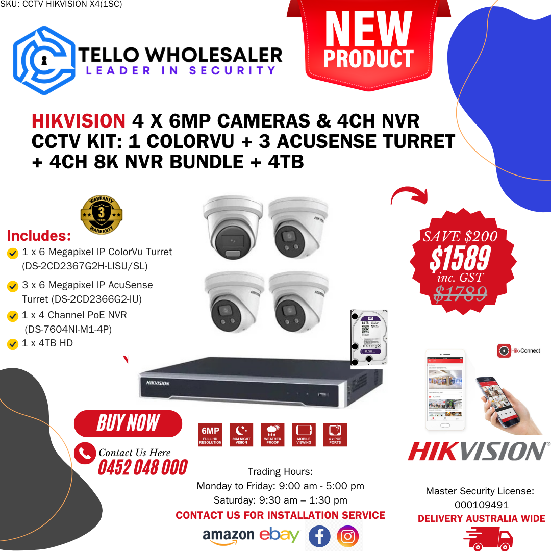 1 X 6mp IP ColorVu (Siren/Strobe) + 3 x 6mp IP AcuSense Turret (Mic) + 1 x 4ch PoE NVR + 4TB HD