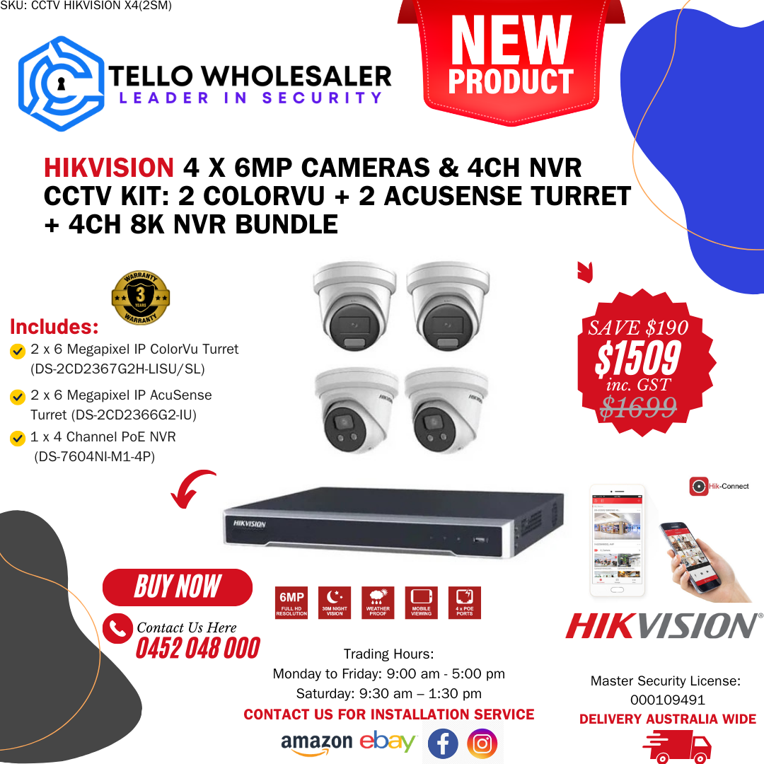 2 x 6 MP IP AcuSense Turret (Mic) + 2 x 6 MP IP Colorvu (Siren/Strobe) + 1 x 4 Ch PoE NVR