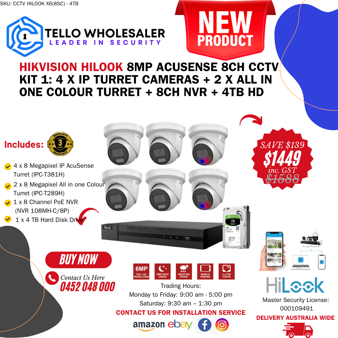 4 x 8mp IP AcuSense Turret + 2 x 8mp All in one Colour Turret + 1 x 8 Ch PoE NVR + 4TB HD