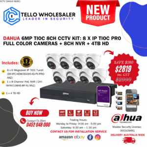 8 x 6MP Tioc Pro Full Color (Siren/Strobe/Two-Way Audio) + 1 x 8 Ch PoE NVR + 4TB HD