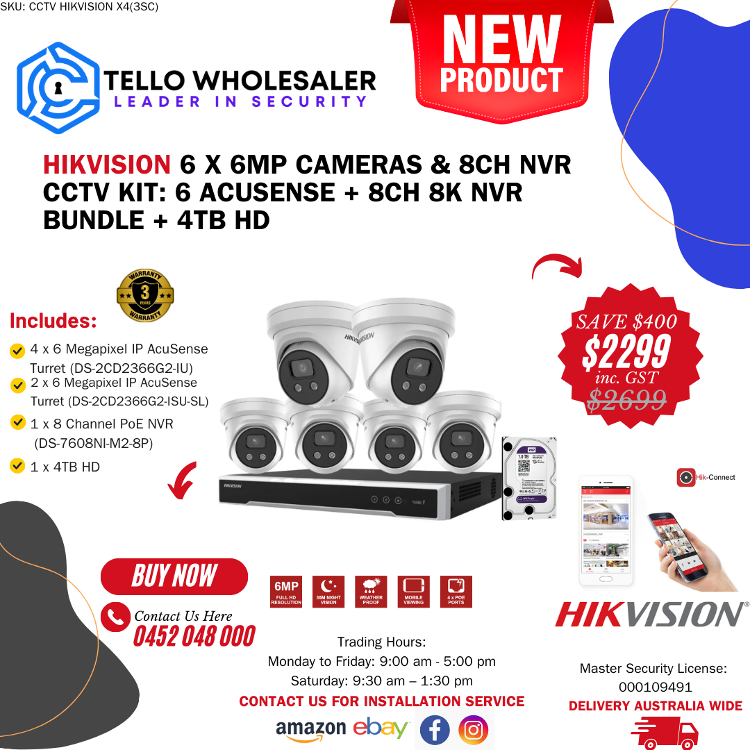 4 x 6mp IP AcuSense Turret (Mic) + 2 x 6mp IP AcuSense Turret (Siren/Strobe) + 1 x 8ch PoE NVR + 4TB HD