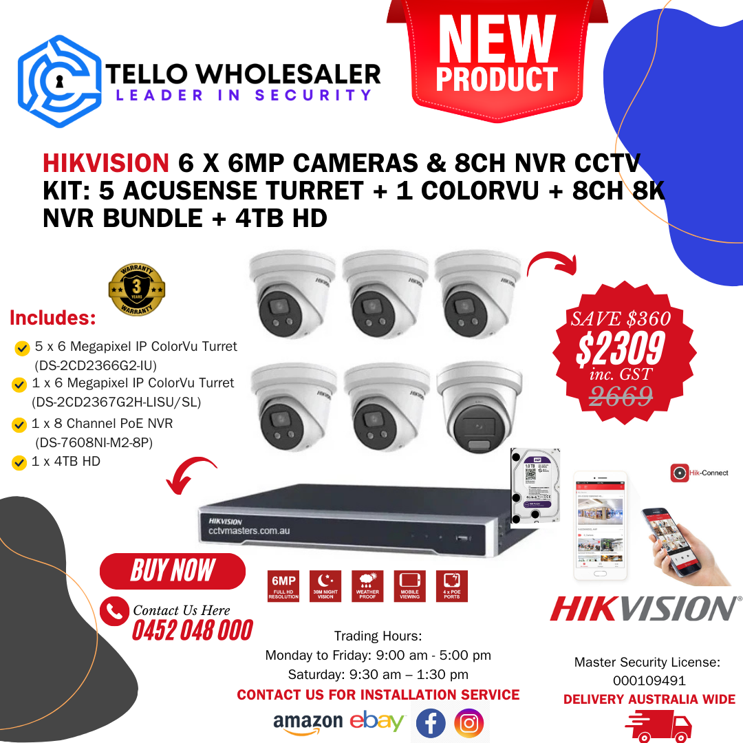 5 x 6 MP IP Acusense Turret (Mic) + 1 x 6MP ColorVu Turret (Siren/Strobe) + 1 x 8 Ch PoE NVR + 4 TB HD