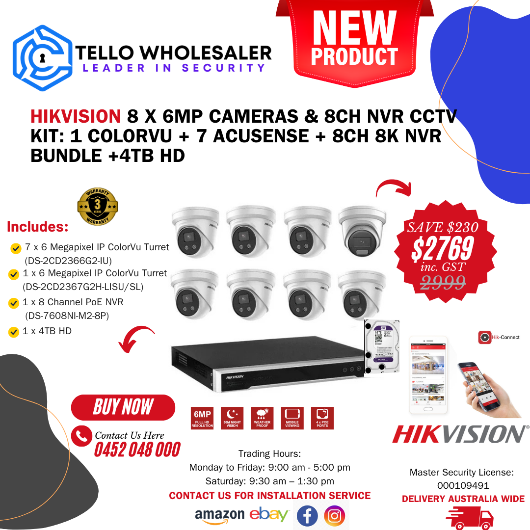 7 x 6MP Acusense (Mic) + 1 x 6MP ColorVu Turret (Siren/Strobe) + 1 x 8 Ch PoE NVR + 4TB HD