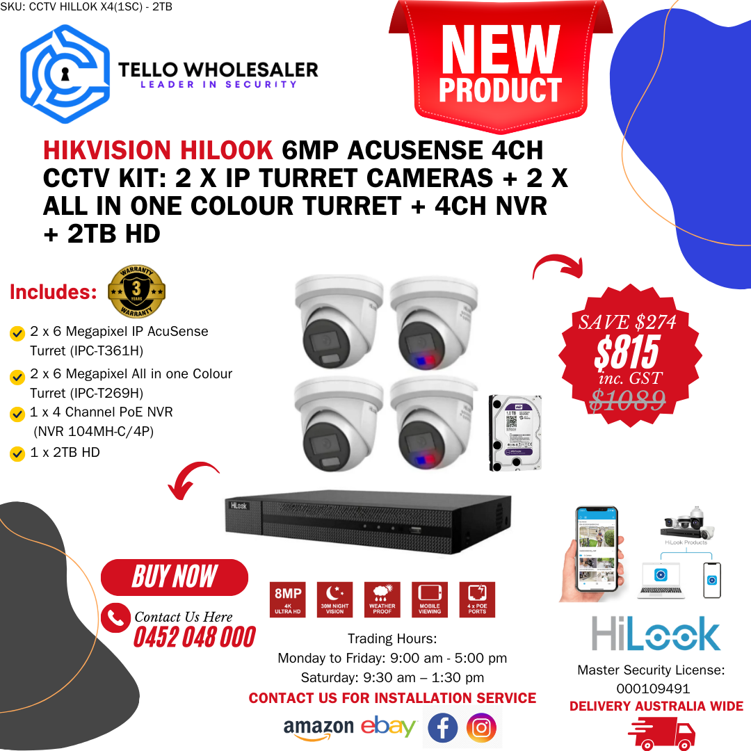 2 x 6mp IP AcuSense Turret + 2 x 6mp All in one Colour Turret + 1 x 4ch PoE NVR + 2TB HD